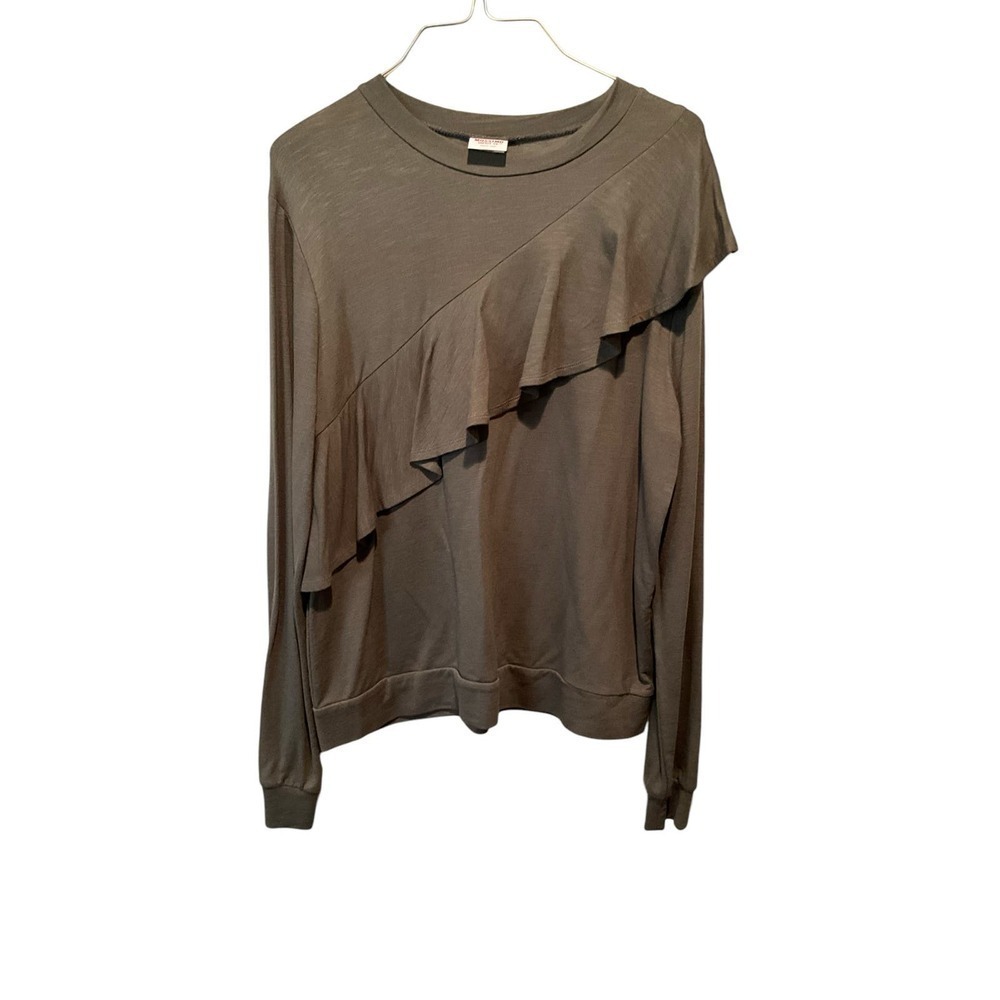 Mossimo Supply Co Ruffle Blouse Top Women's‎ Size L Green Long Sleeve Crew Neck